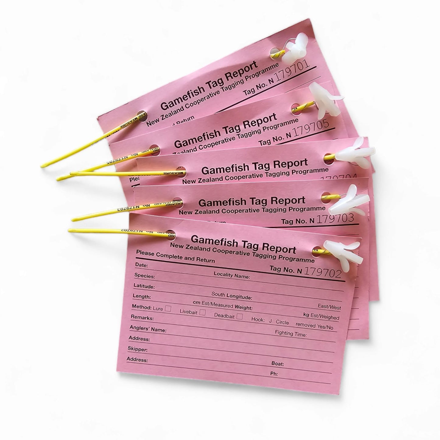 Plastic gamefish tags - Pack of 5. MAXIMUM 20 tags per order