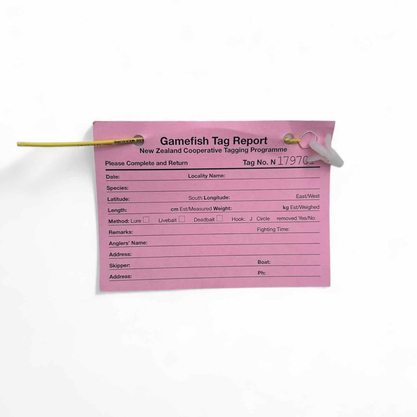 Plastic gamefish tags - Pack of 5. MAXIMUM 20 tags per order